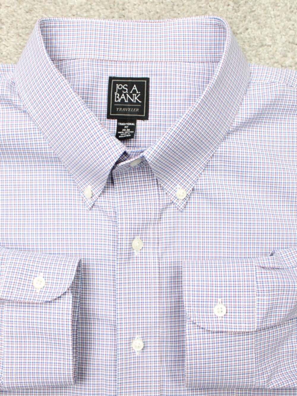 Jos A Bank Shirt Men 20, 36 Blue/Red Traveler Traditional Fit Cotton Long Sleeve